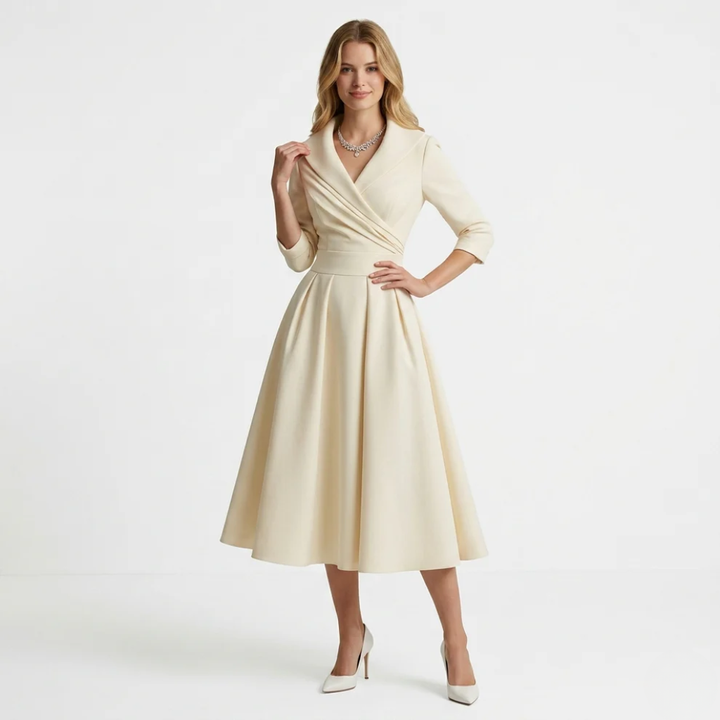 Womens Midi Dress Collared V-Neck Pleated A-Line Skirt with Pockets - Clovrio