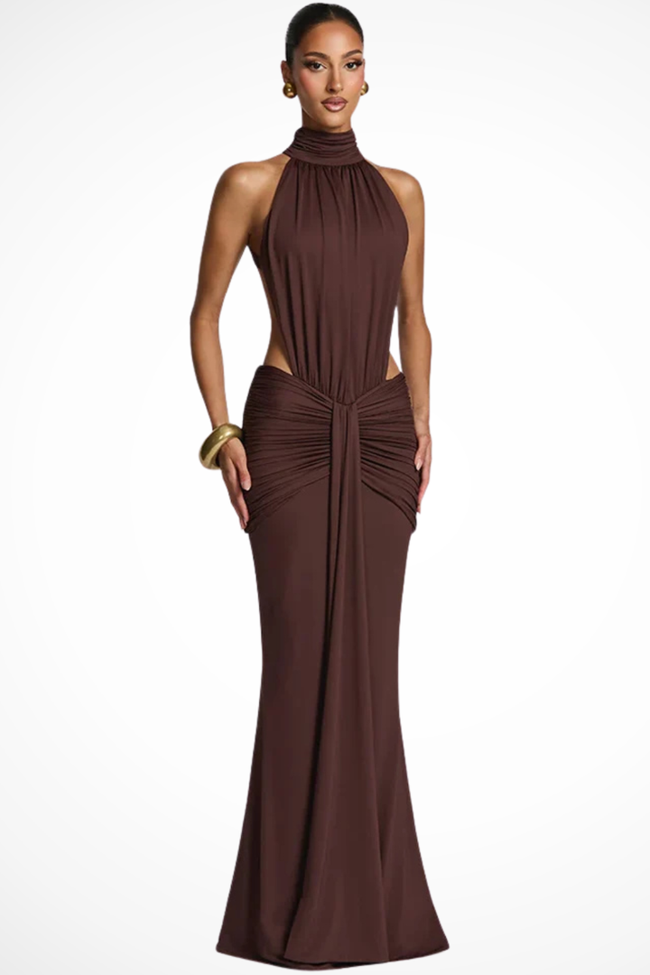 Womens Maxi Dress High Neck Ruched Backless - Clovrio