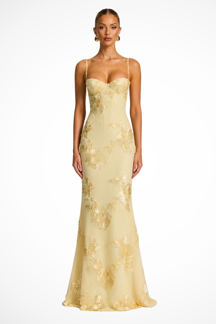 Womens Maxi Dress with Embroidered Floral Corset - Clovrio