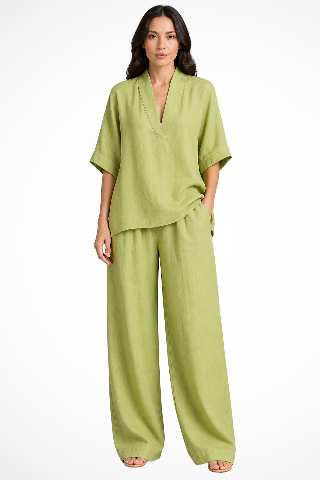 Siopie Women's Linen Wide Leg Co-Ord Set in Green