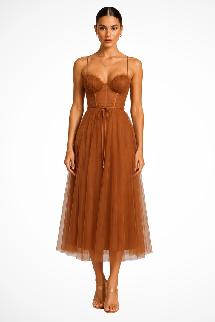 Womens Midi Dress with Corset and Tiered Layers - Clovrio