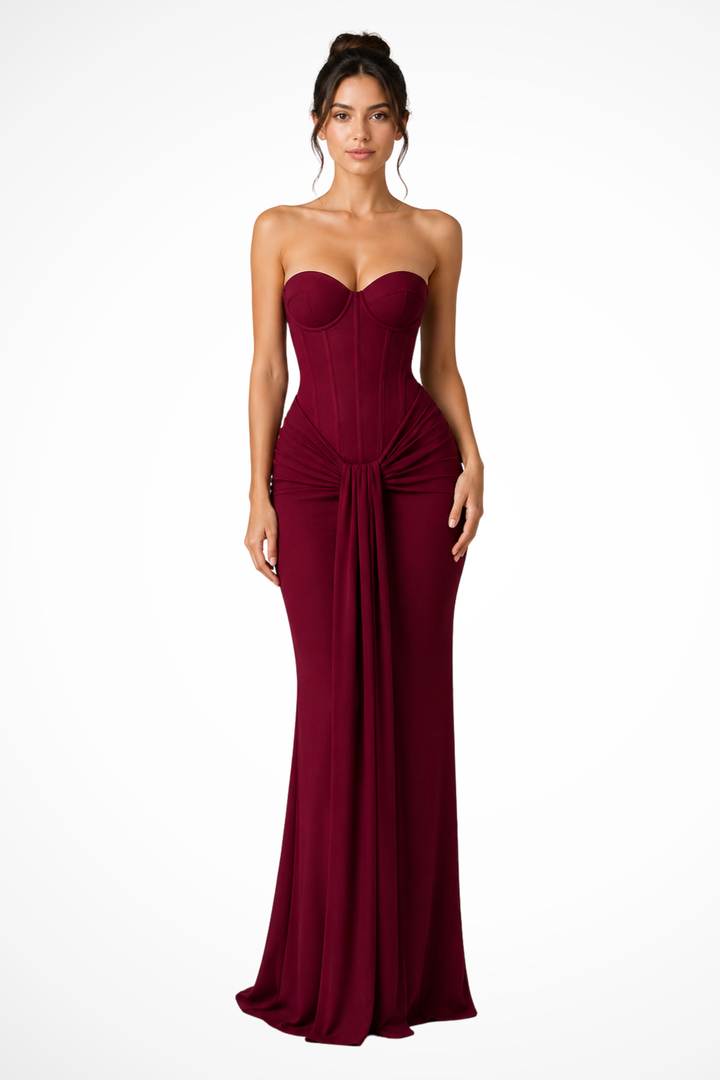 Siopie Women's Lace Corset Strapless Draped Maxi Dress in Burgundy