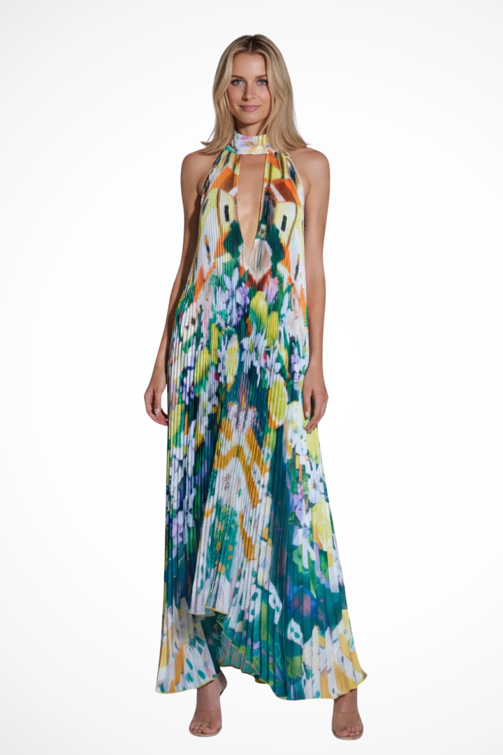 Siopie Women's Printed Pleated Halter Neck Maxi Dress in Fuchsia