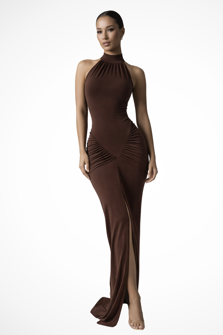 Siopie Women's Halter Neck Ruched Slit Maxi Dress in Brown