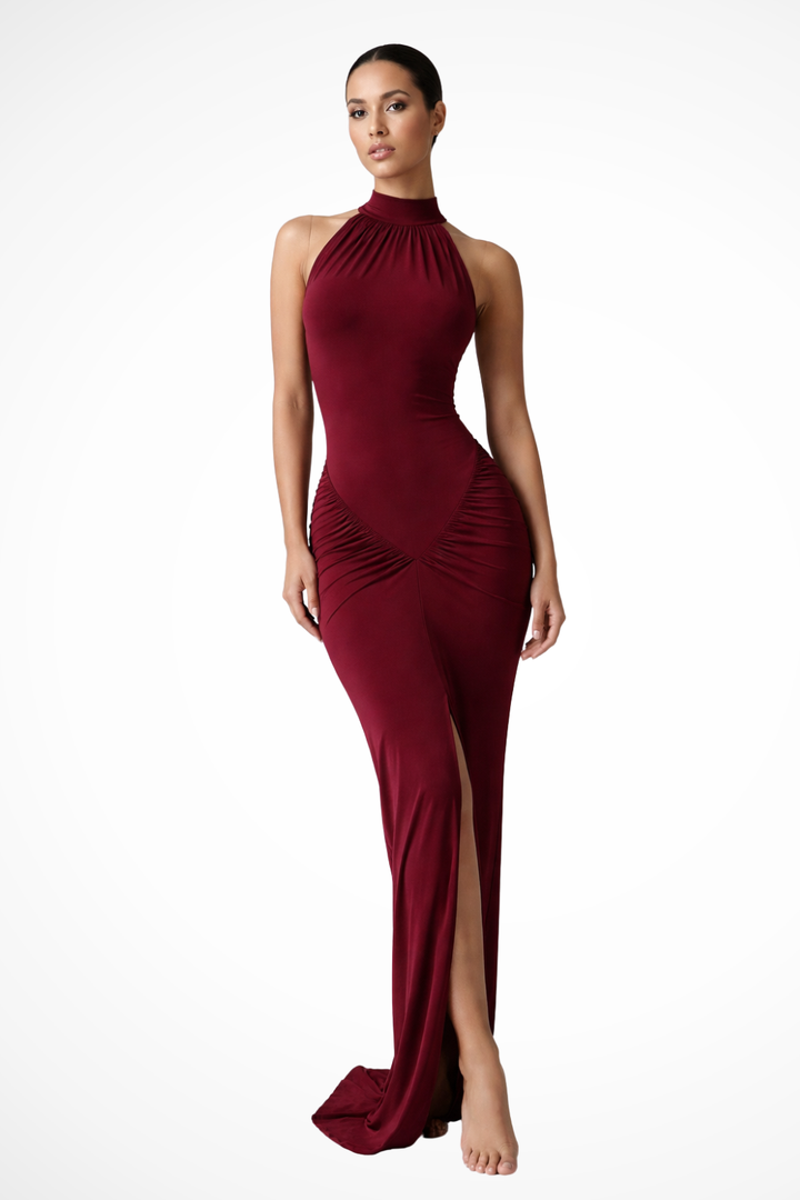 Siopie Women's Halter Neck Ruched Slit Maxi Dress in Wine Red