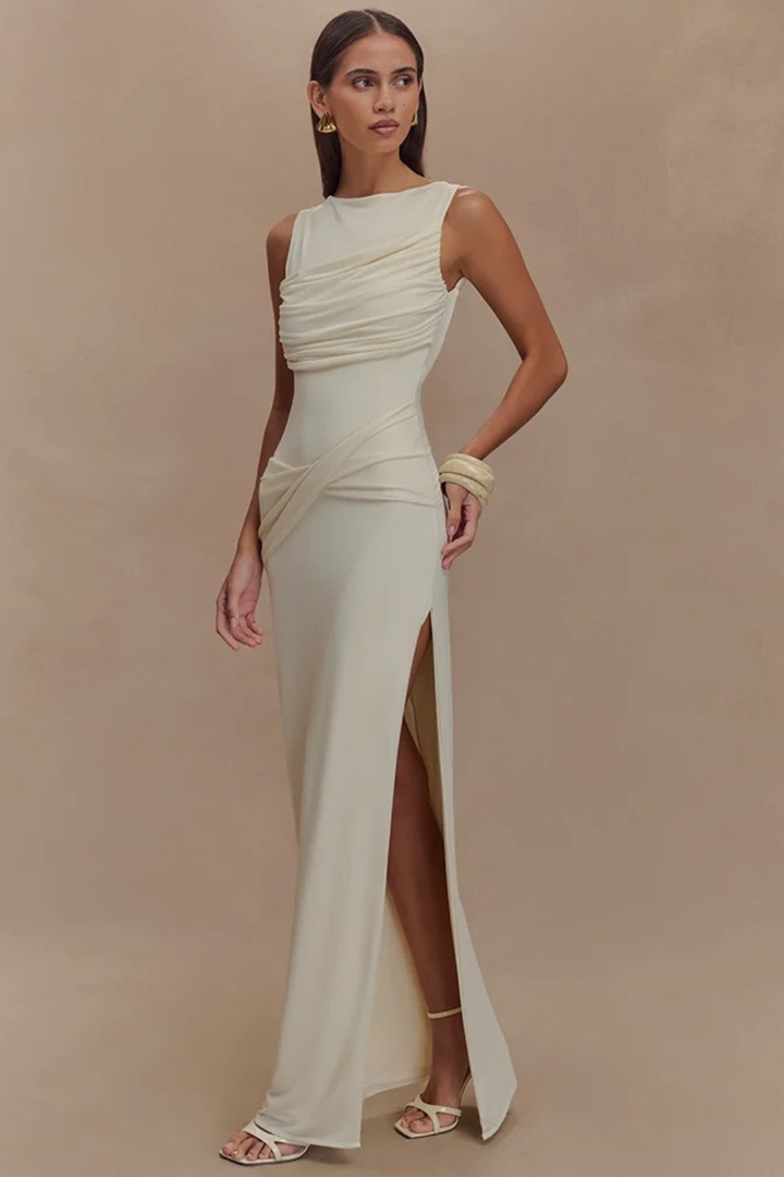 Siopie Women's Sleeveless Ruched Backless Slit Maxi Dress