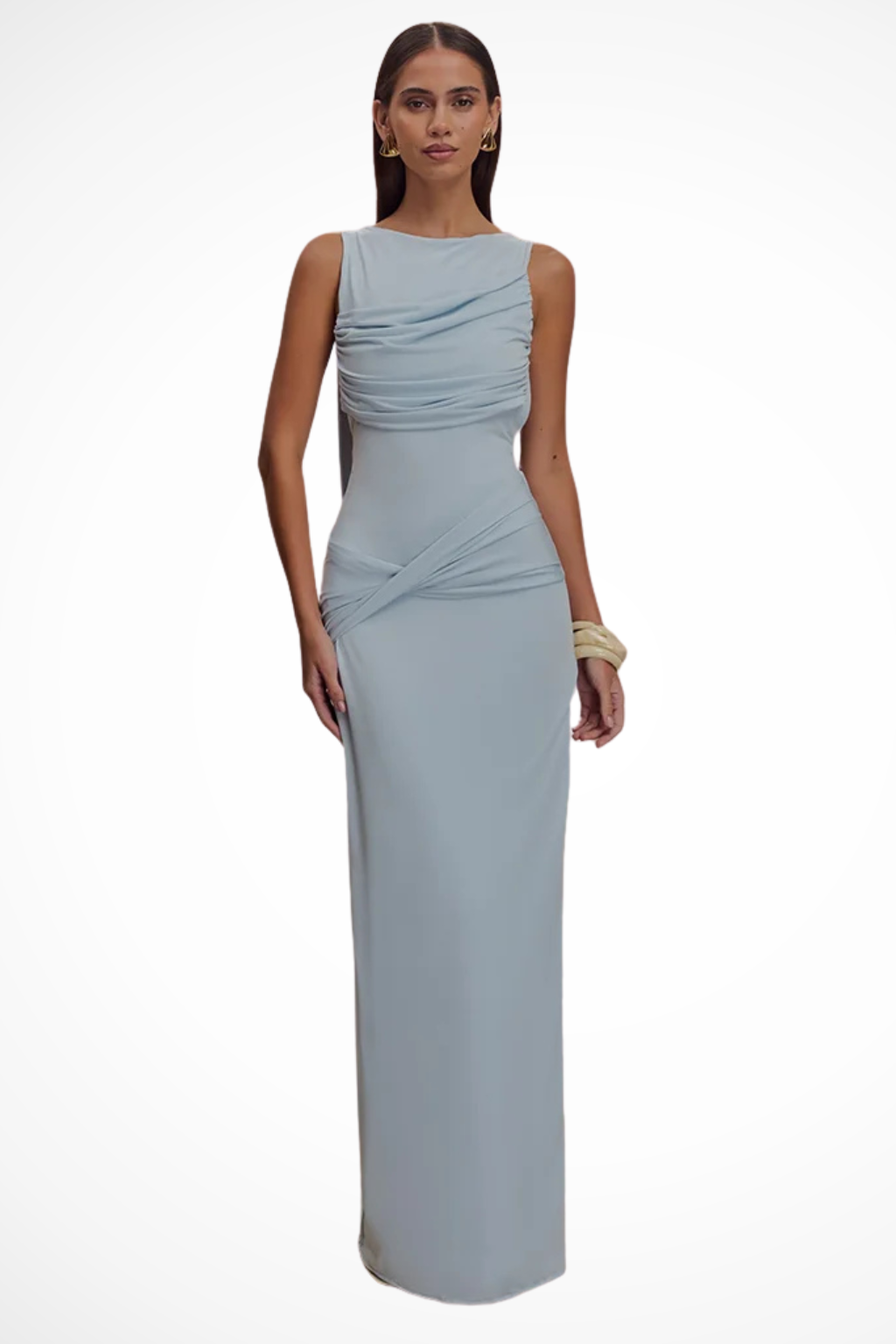 Siopie Women's Sleeveless Ruched Backless Slit Maxi Dress in Blue