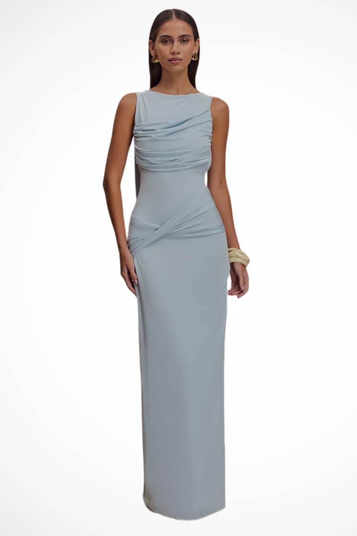 Siopie Women's Sleeveless Ruched Backless Slit Maxi Dress in Blue