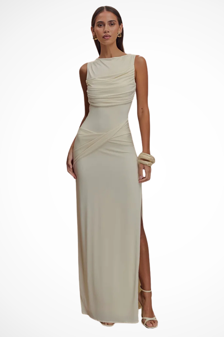 Womens Maxi Dress Sleeveless Ruched Backless Slit - Clovrio
