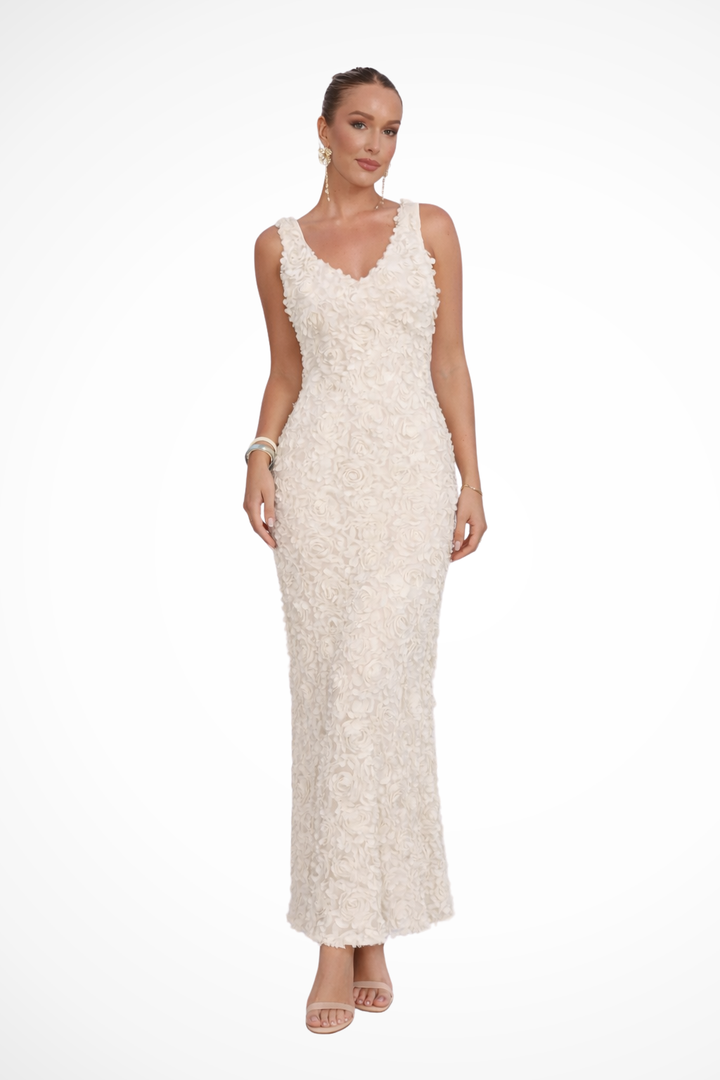 Siopie Women's 3D Floral Textured Fitted Wedding Guest Dress in Long Dress
