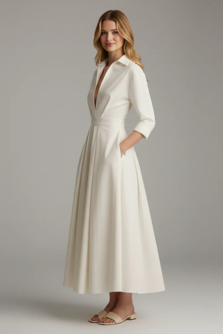Womens Midi Dress with Collar and Button-Front