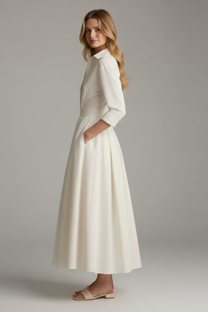 Womens Midi Dress with Collar and Button-Front