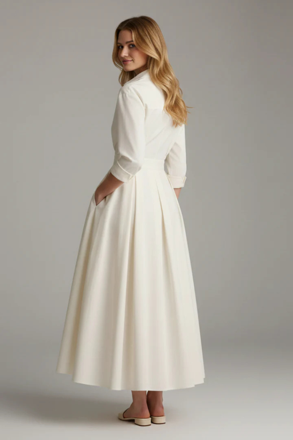Womens Midi Dress with Collar and Button-Front
