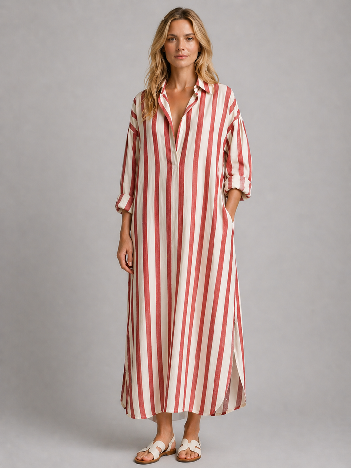 Women's Casual Cotton Striped Shirt Dress with Pockets