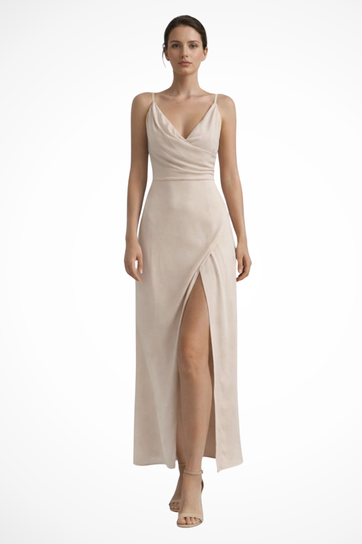 Siopie Women's Draped Bodice Side Slit Maxi Dress in Beige