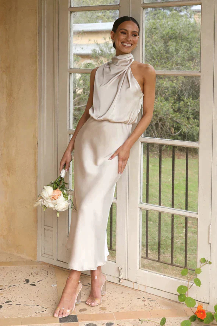 Siopie Women's Satin Halter Neck Midi Dress