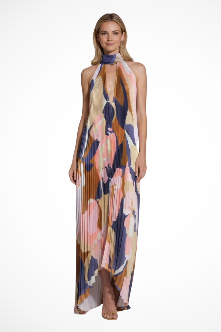 Siopie Women's Printed Pleated Halter Neck Maxi Dress in Yellow