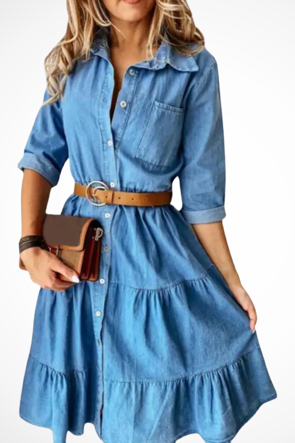 Siopie Women's Denim Tiered Midi Shirt Dress with Belt