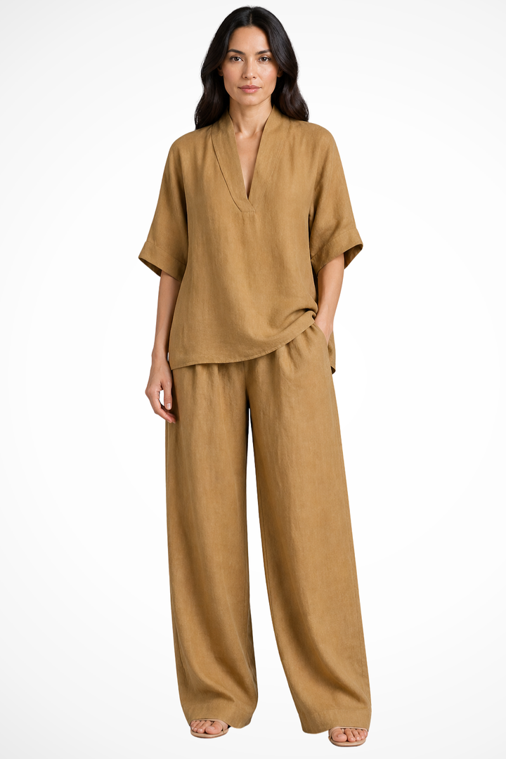 Siopie Women's Linen Wide Leg Co-Ord Set in Khaki