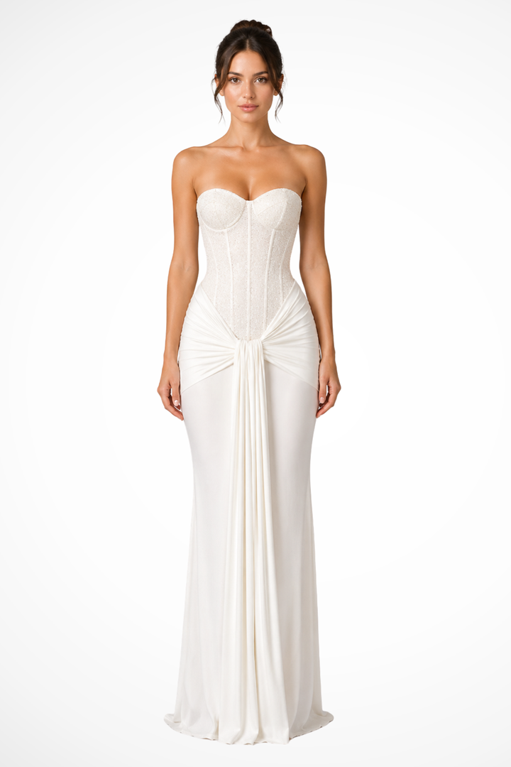 Siopie Women's Lace Corset Strapless Draped Maxi Dress in White