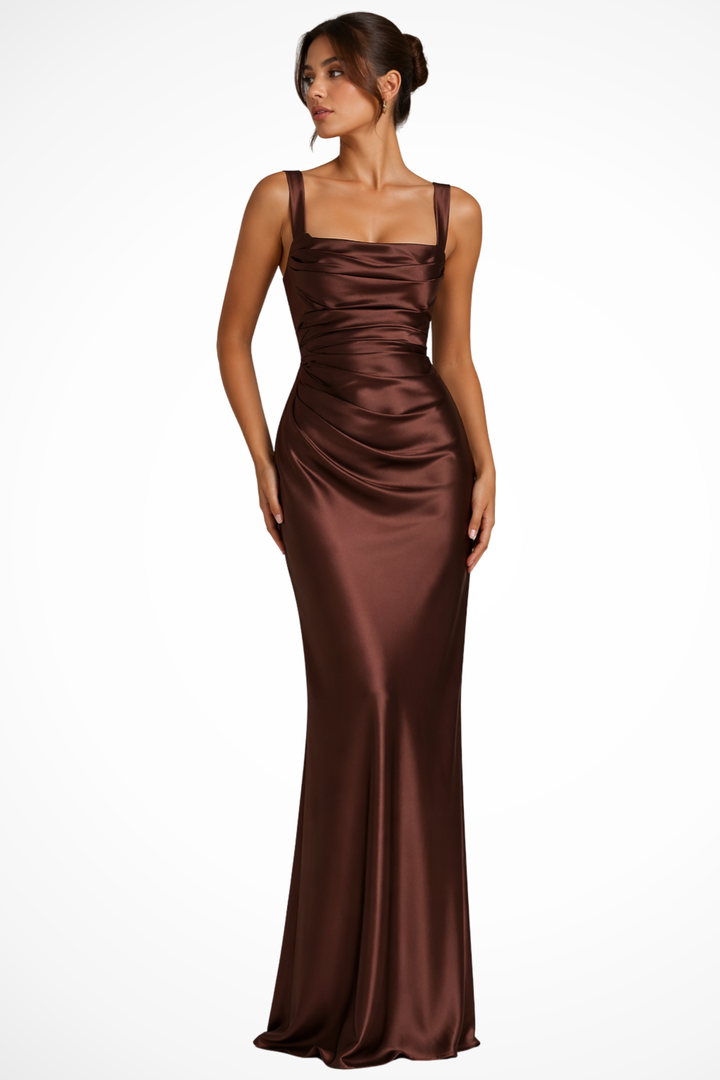 Satin Ruched Maxi Dress Brown – Siopie