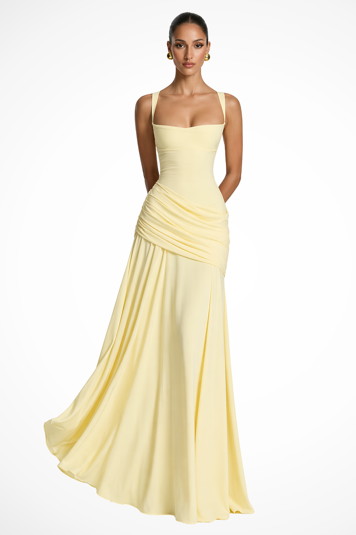 Siopie Women's Square Neck Ruched Maxi Dress in Yellow