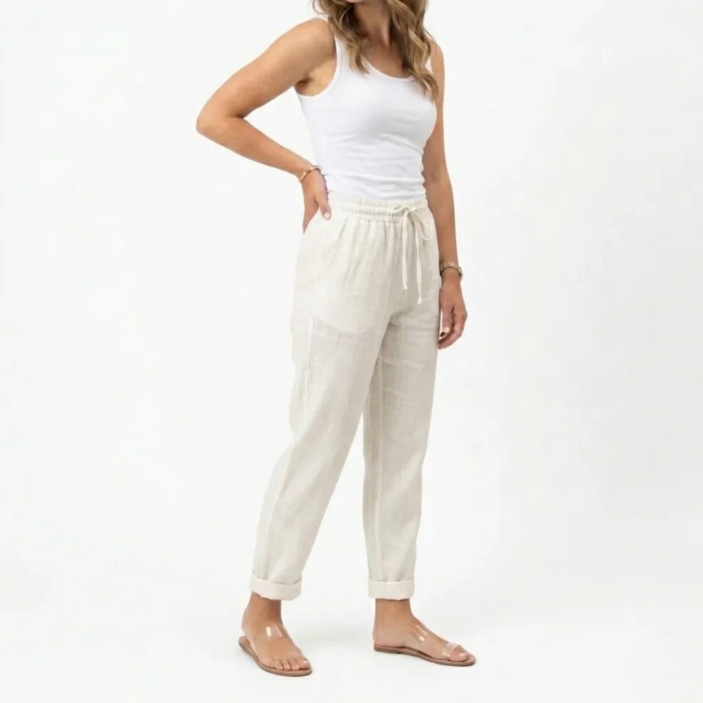 Womens Cropped Linen Trousers Soft Textured Elastic Waist