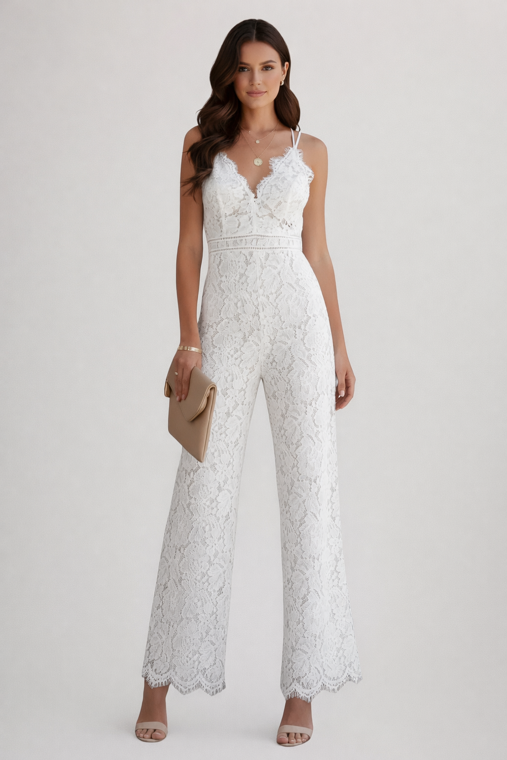 Siopie Women's Lace V-Neck Strappy Wide Leg Jumpsuit