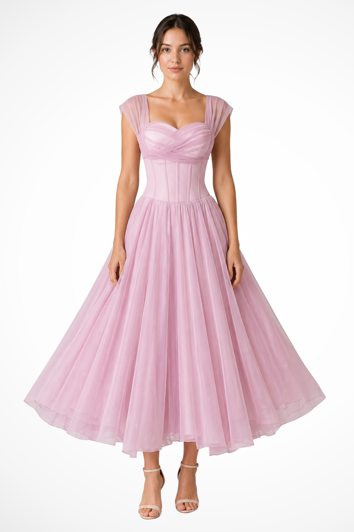 Siopie Women's Tulle Sweetheart Flared Midi Dress in Pink