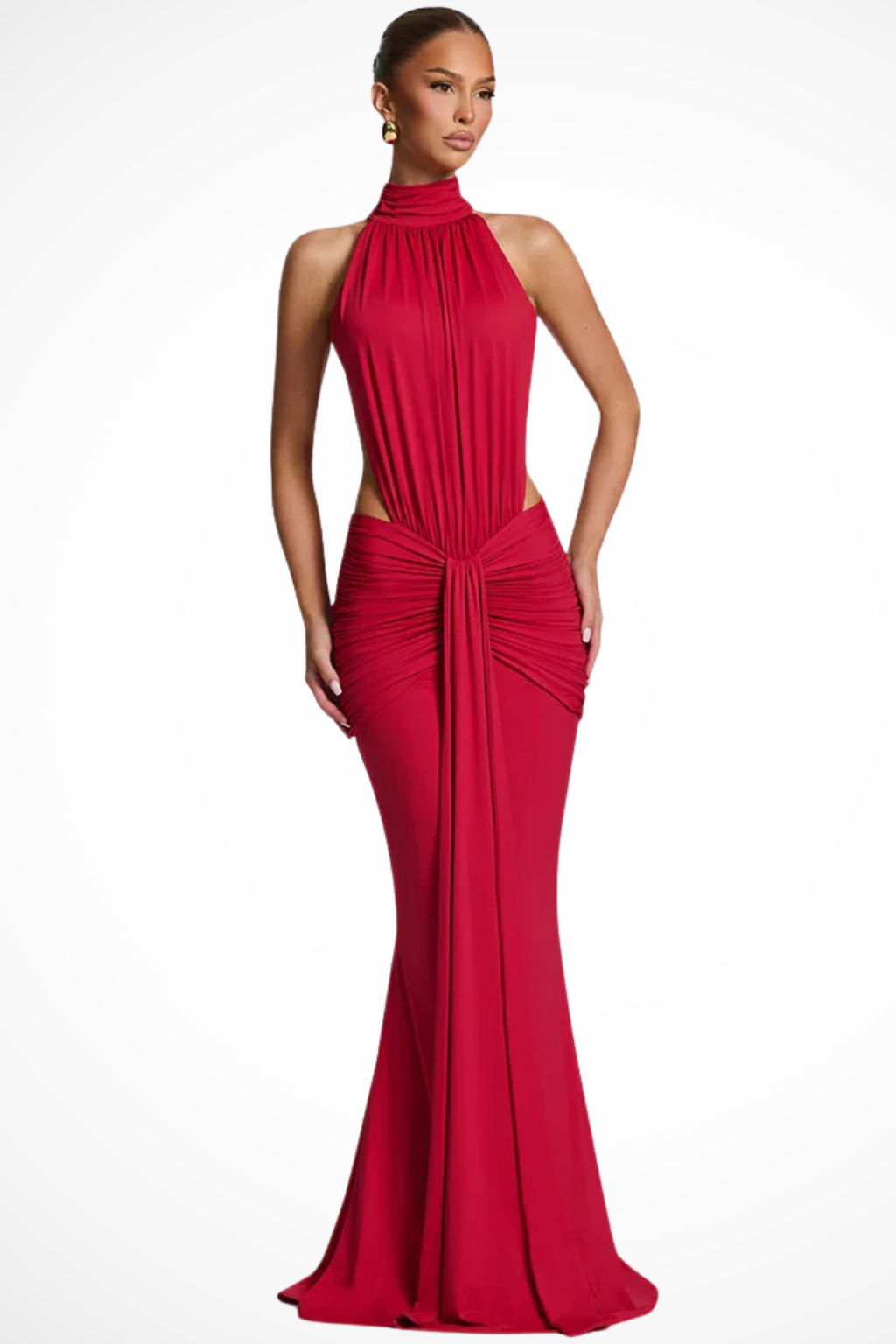 Siopie Women's High Neck Backless Ruched Maxi Dress in Red