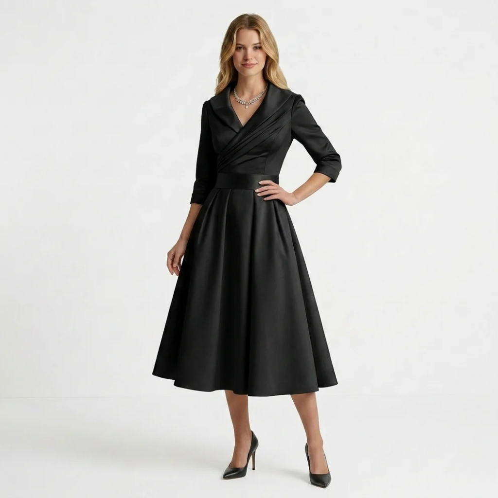 Womens Midi Dress Collared V-Neck Pleated A-Line Skirt with Pockets