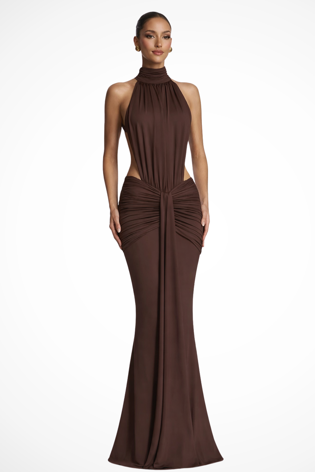Womens Bodycon Maxi Dress Ruched Halter Neck Backless - Clovrio