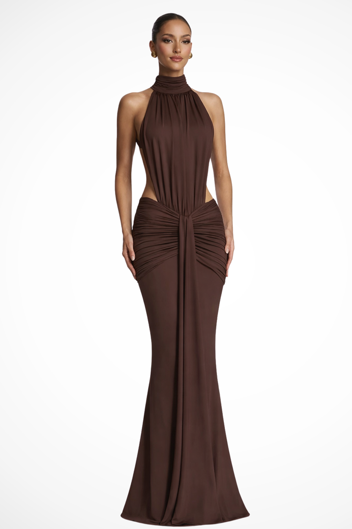 Womens Bodycon Maxi Dress Ruched Halter Neck Backless - Clovrio
