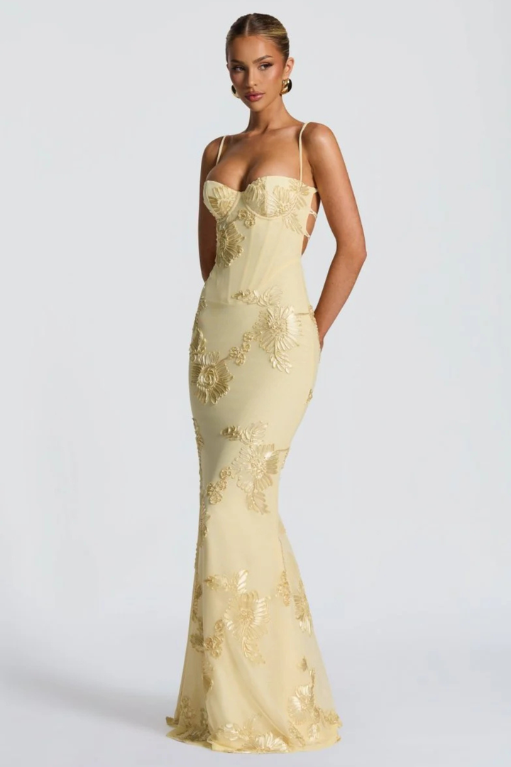 Womens Maxi Dress with Embroidered Floral Corset