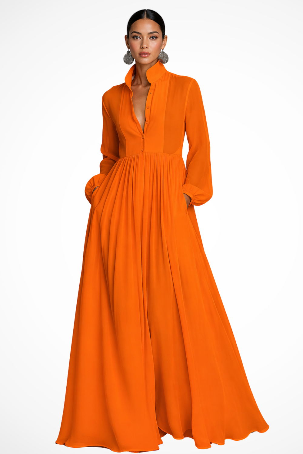 Siopie Women's Long Sleeve Button Front Maxi Dress in Orange