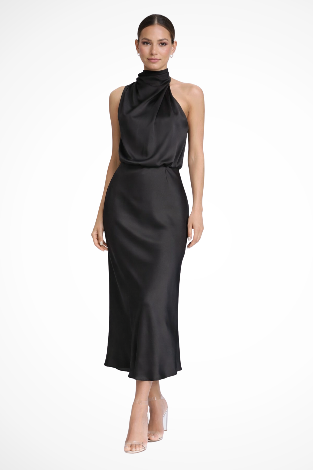 Siopie Women's Satin Halter Neck Midi Dress in Black