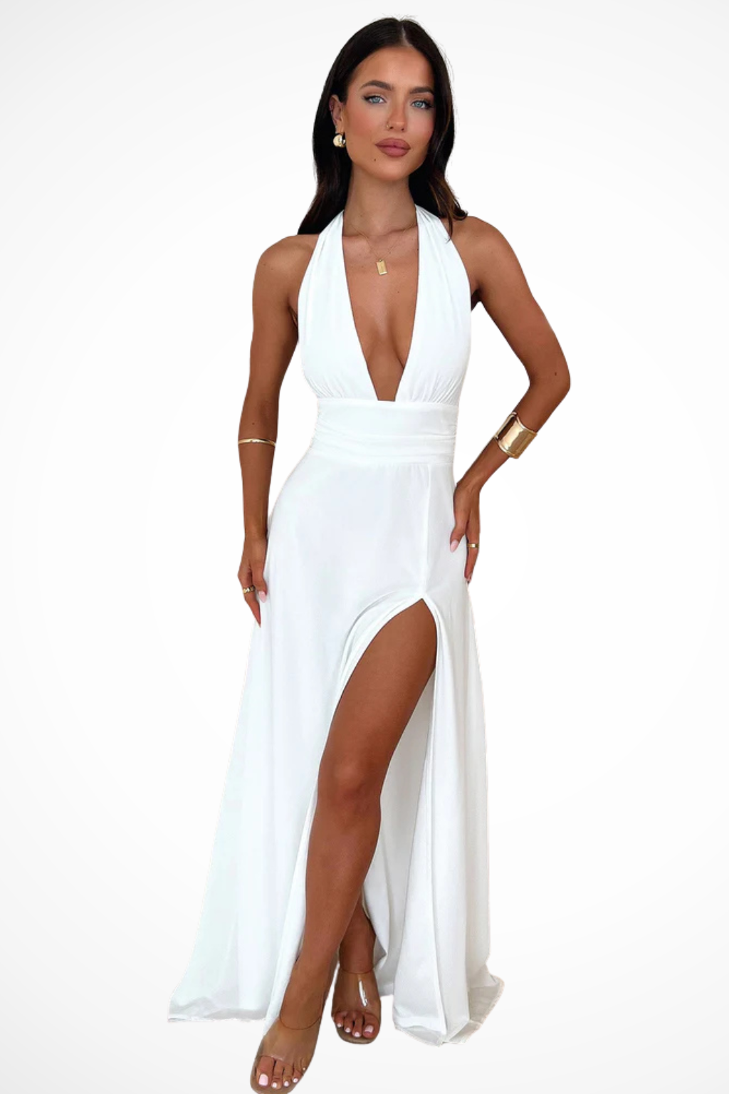 Womens Maxi Dress Halter Neck Side Slit