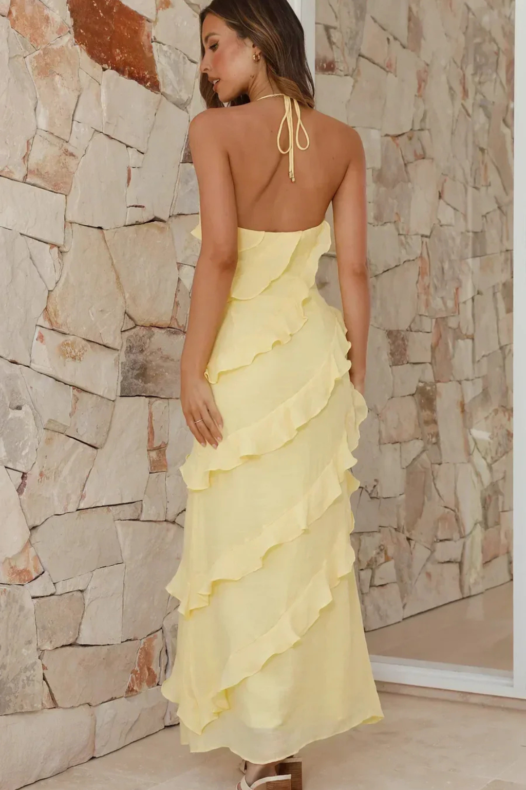 Siopie Women's Halter Neck Ruffle Maxi Dress