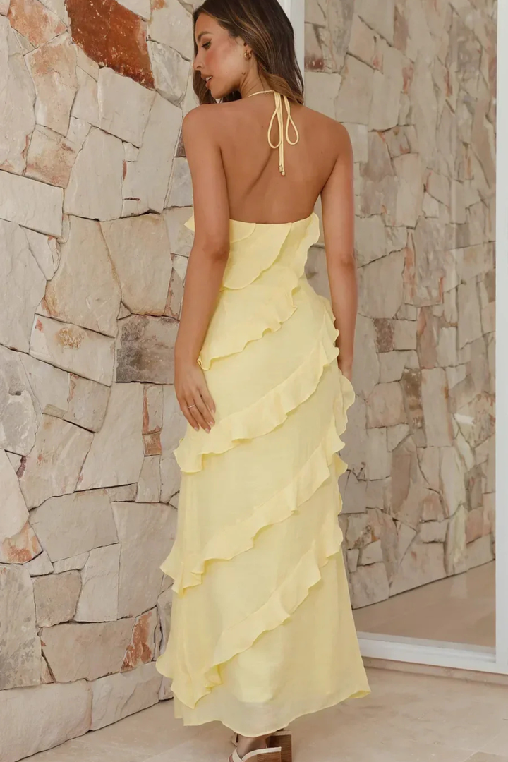 Siopie Women's Halter Neck Ruffle Maxi Dress