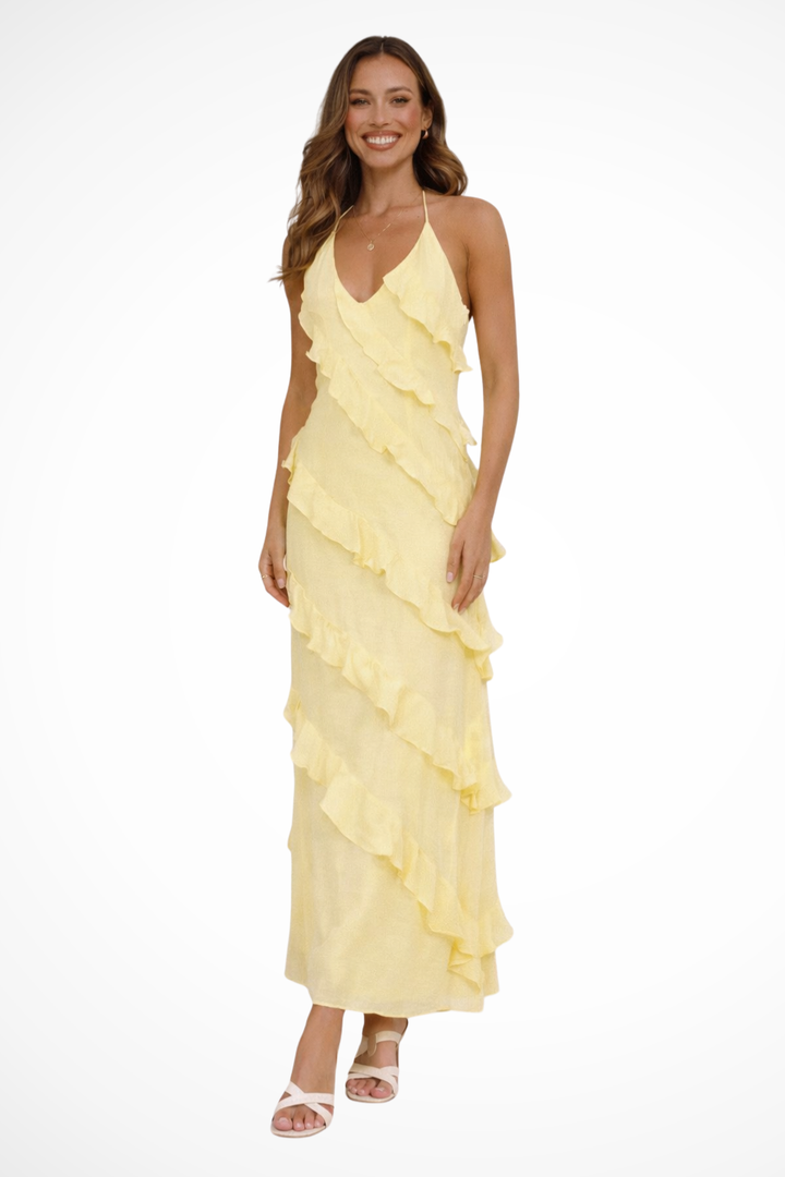 Womens Maxi Dress Halter Neck Ruffle Detail - Clovrio