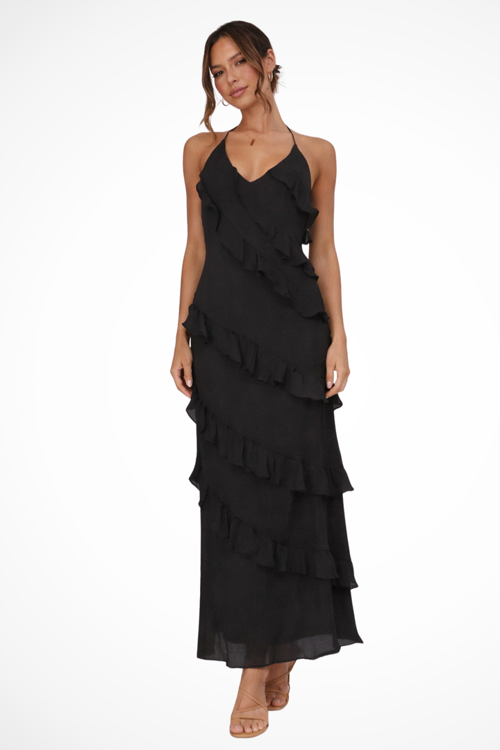 Siopie Women's Halter Neck Ruffle Maxi Dress in Black