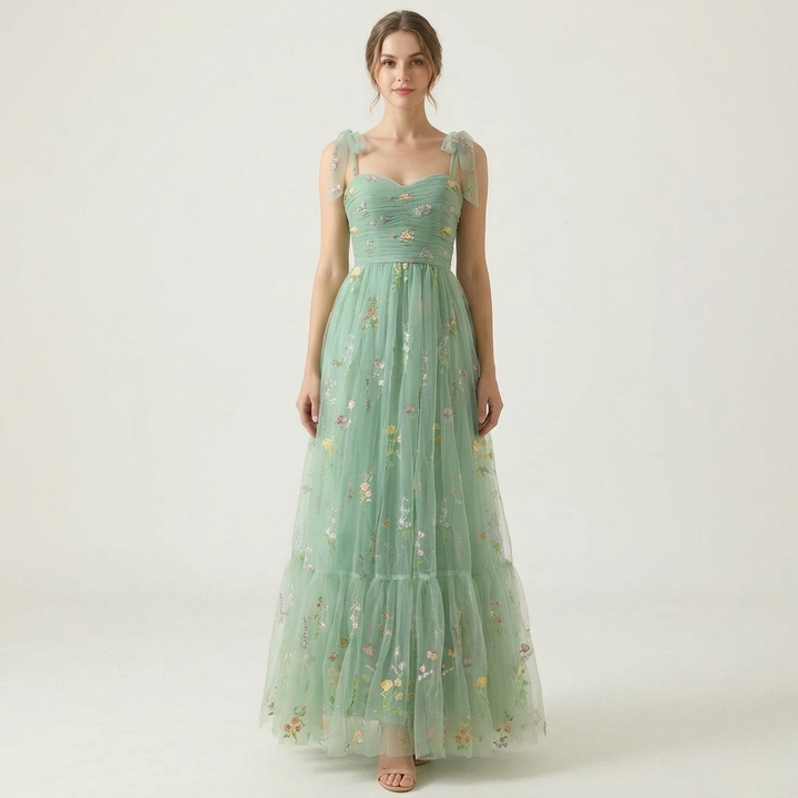 Womens Maxi Dress with Sweetheart Neckline and Floral Embroidery