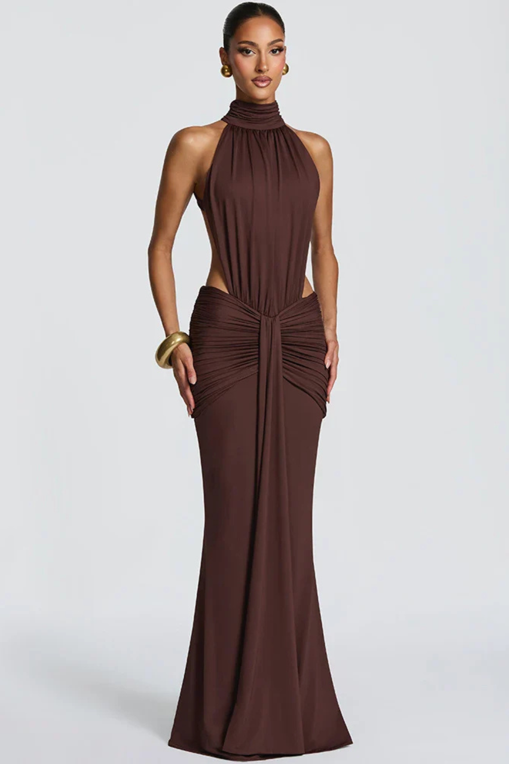 Siopie Women's Halter Neck Backless Ruched Bodycon Maxi Dress