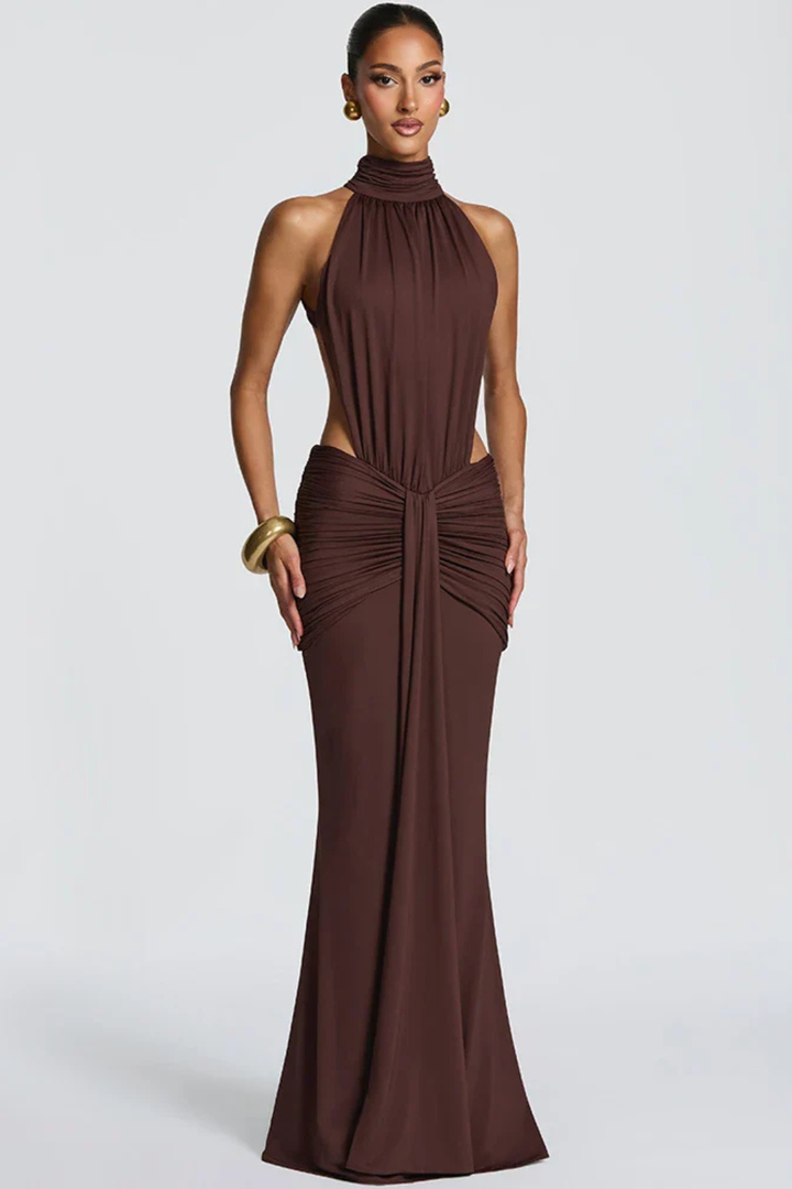 Siopie Women's Halter Neck Backless Ruched Bodycon Maxi Dress