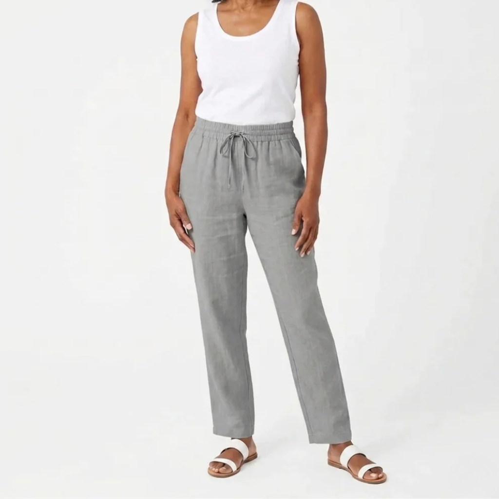 Womens Cropped Linen Trousers Soft Textured Elastic Waist