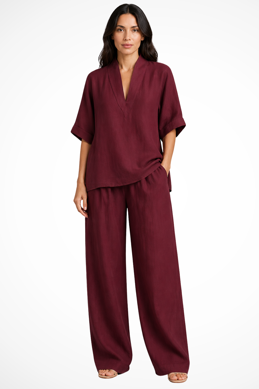 Siopie Women's Linen Wide Leg Co-Ord Set in Burgundy