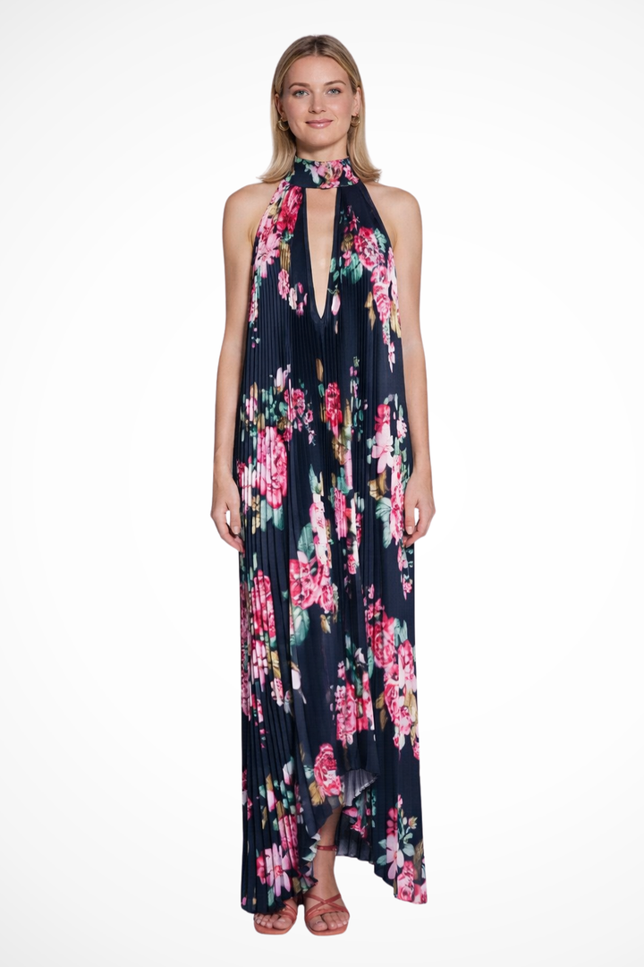 Siopie Women's Printed Pleated Halter Neck Maxi Dress in Black