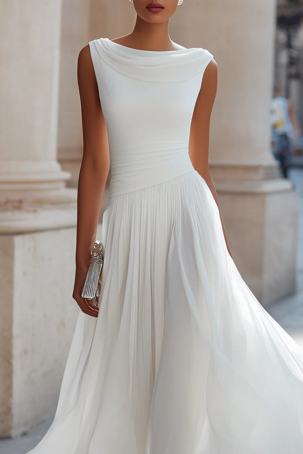 Womens Midi Dress Draped Pleated Style