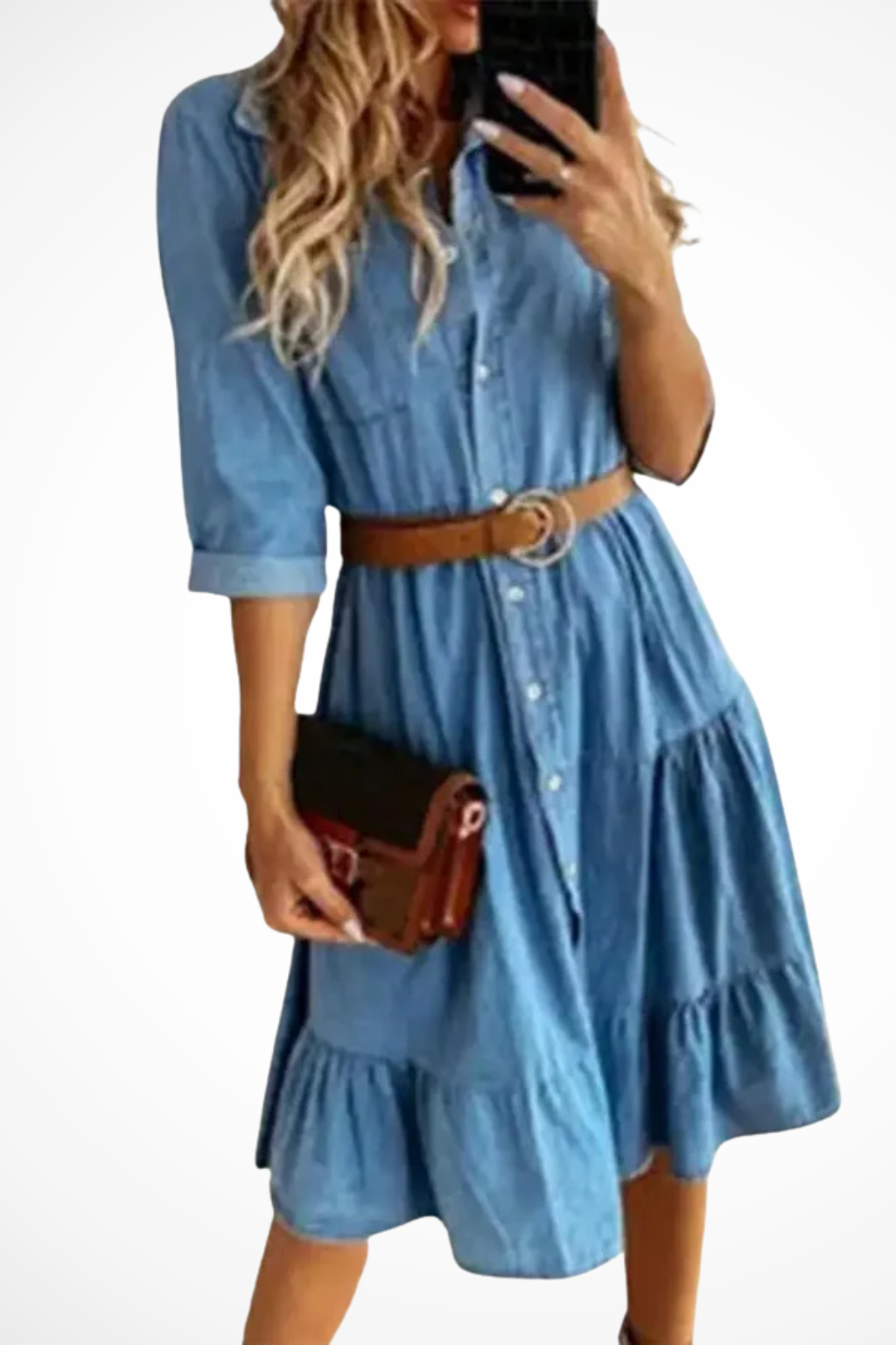 Siopie Women's Denim Tiered Midi Shirt Dress with Belt