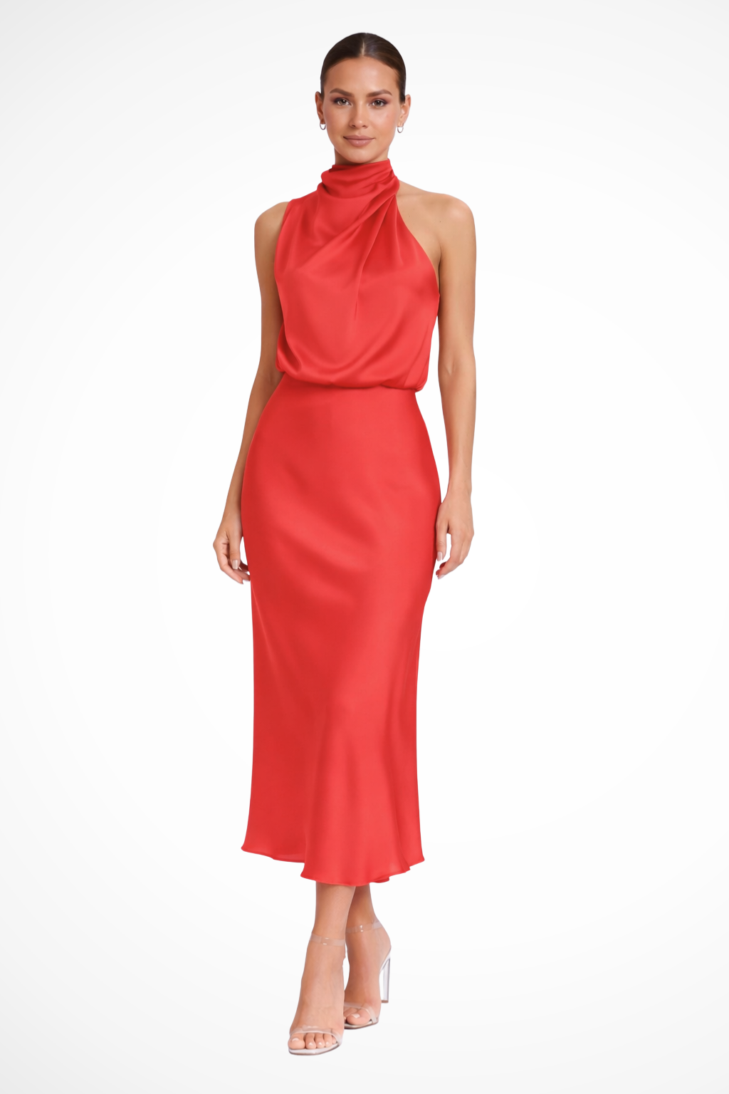Siopie Women's Satin Halter Neck Midi Dress in Red